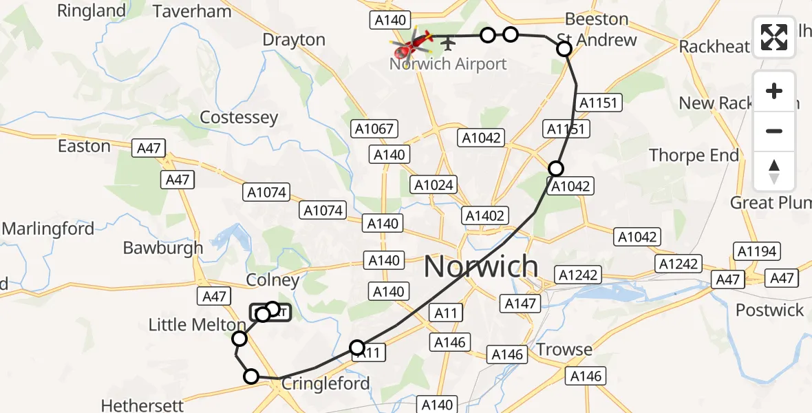 Flight route Air Ambulance Helicopter Norfolk & Norwich Hospital - Norwich Airport, 27 September 2026, 16:12