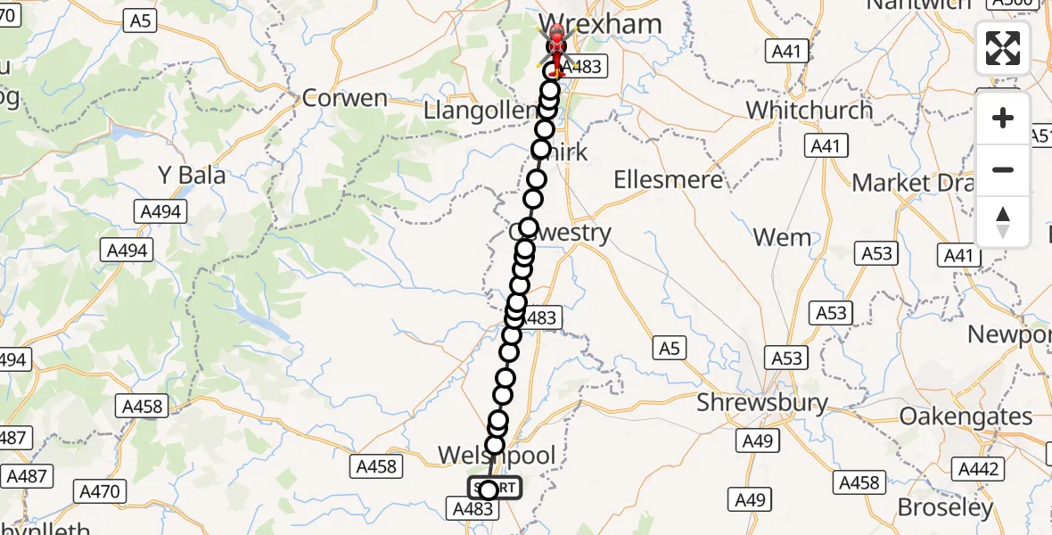 Flight route Air Ambulance Helicopter Welshpool Airport - New Brighton, 27 September 2026, 16:30