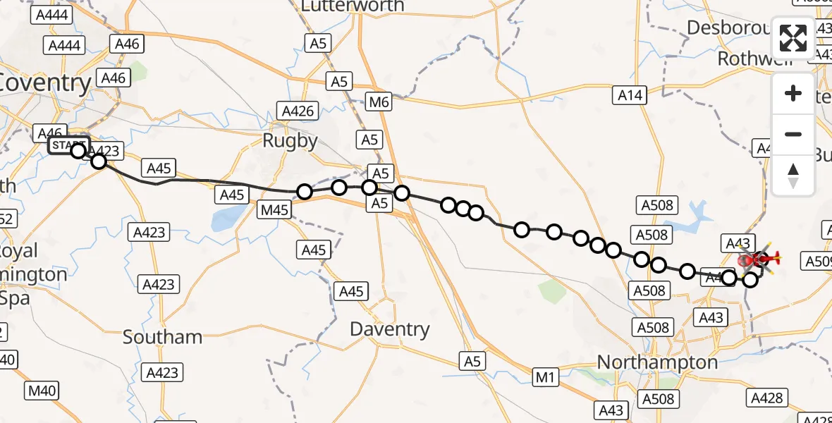 Flight route Air Ambulance Helicopter Coventry Airport - Sywell Aerodrome, 27 September 2026, 16:39