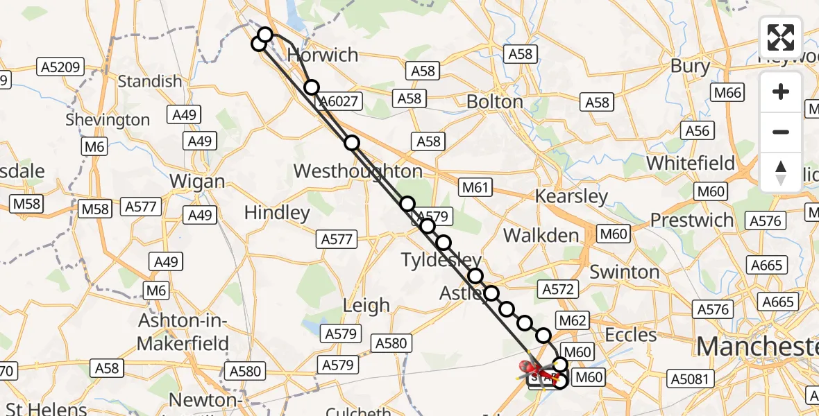 Flight route Air Ambulance Helicopter Manchester Barton Aerodrome - Irlam, 27 September 2026, 16:47