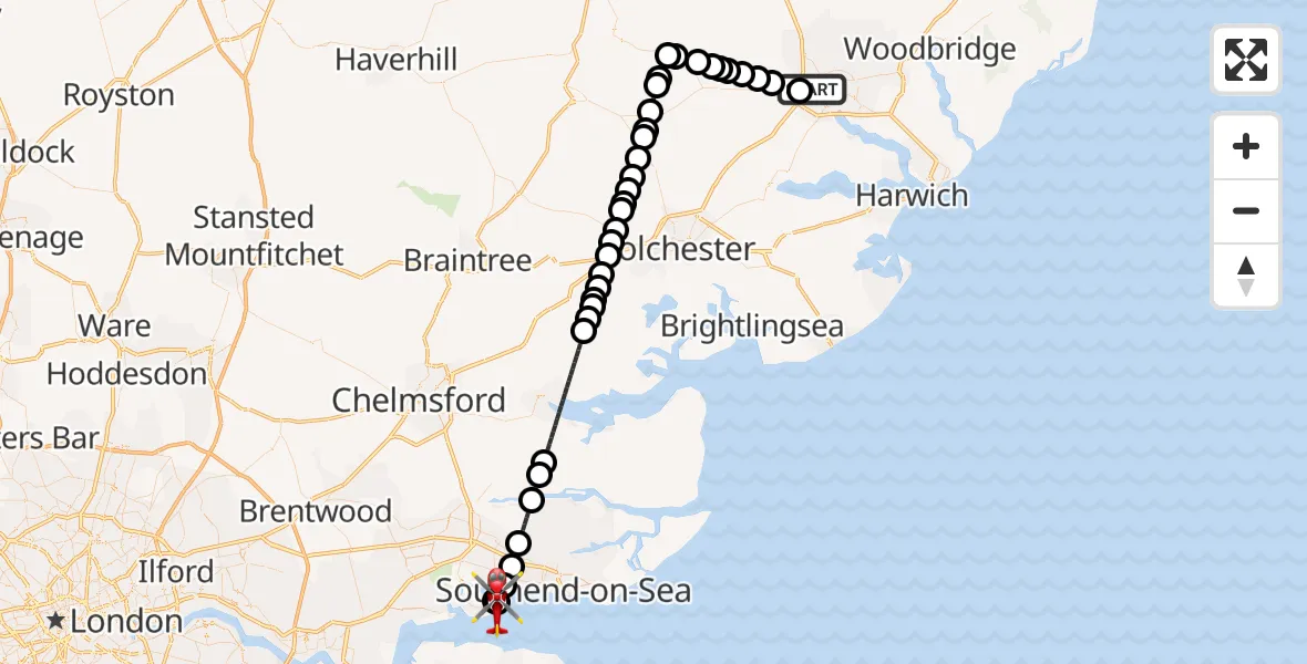 Flight route Air Ambulance Helicopter Ipswich - Leigh Beck, 27 September 2026, 17:08