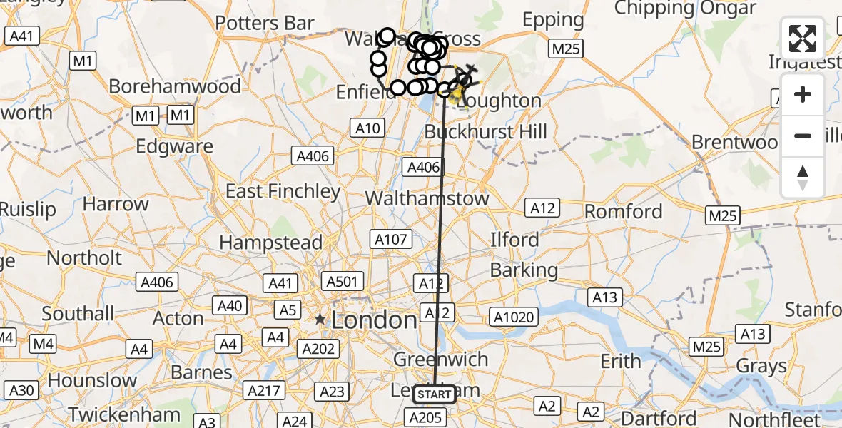 Flight route Police Helicopter Hither Green - Sewardstonebury, 27 September 2026, 17:10