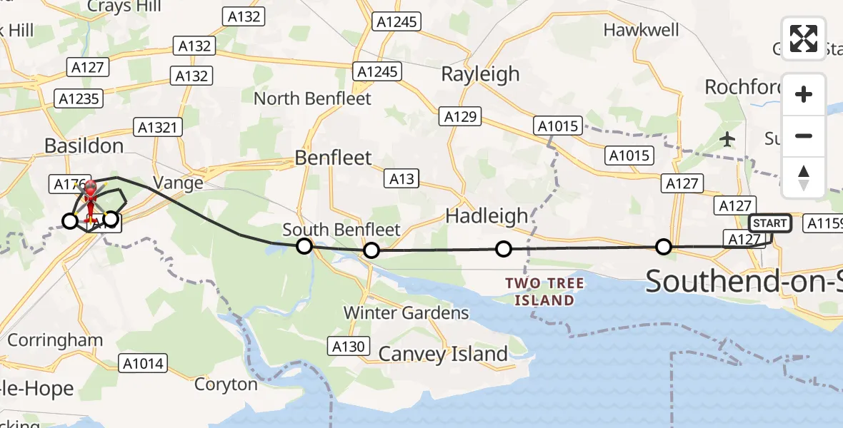 Flight route Air Ambulance Helicopter Prittlewell - Basildon, 27 September 2026, 17:11