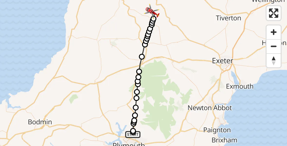 Flight route Air Ambulance Helicopter Derriford - Burrington, 27 September 2026, 17:12