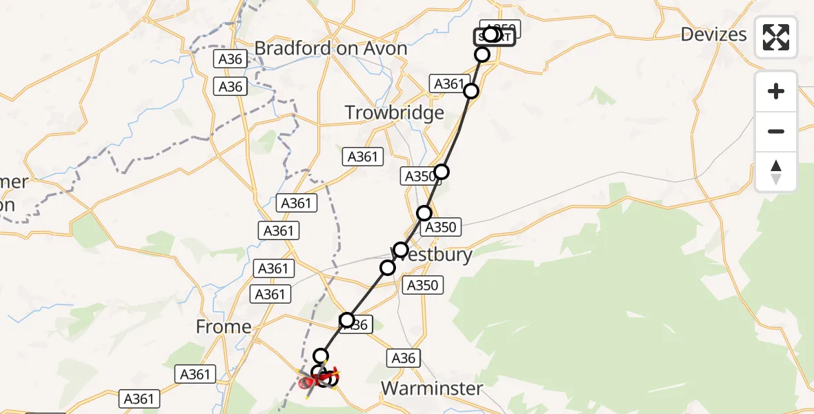 Flight route Air Ambulance Helicopter Wiltshire Air Ambulance - Corsley Heath, 27 September 2026, 17:20