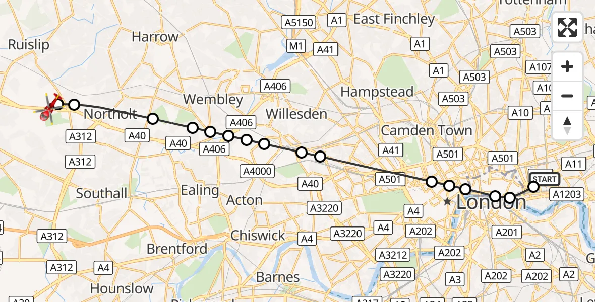 Flight route Air Ambulance Helicopter Royal London Hospital - RAF Northolt, 27 September 2026, 17:23