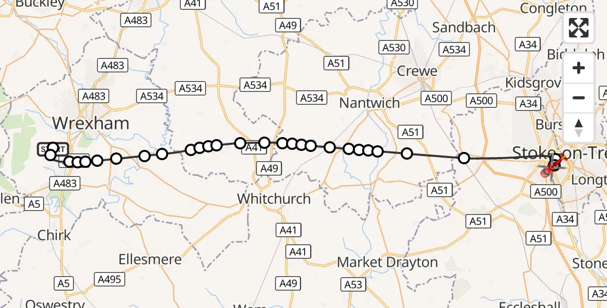 Flight route Air Ambulance Helicopter Rhosllanerchrugog - University Hospital North Staffs, 27 September 2026, 17:34