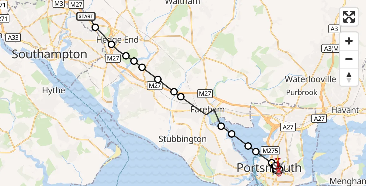 Flight route Air Ambulance Helicopter West End - Buckland, 27 September 2026, 17:43