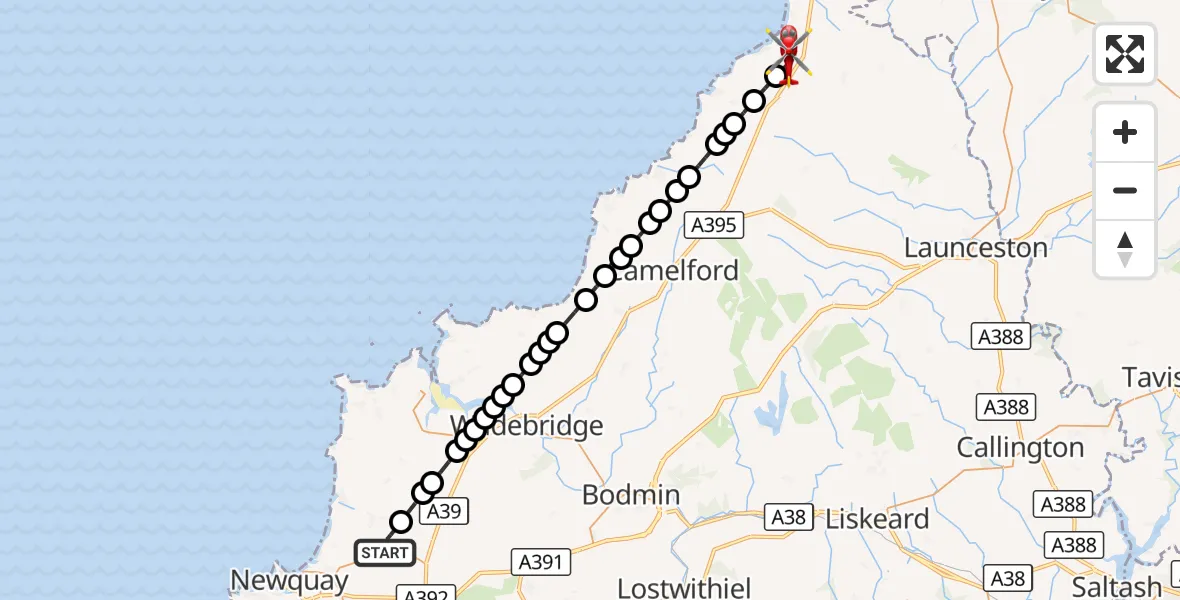 Flight route Air Ambulance Helicopter Cornwall Airport Newquay - Poundstock, 27 September 2026, 17:53
