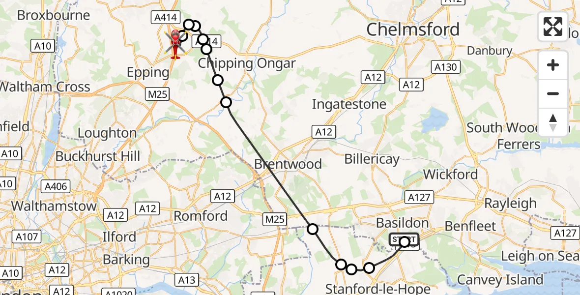 Flight route Air Ambulance Helicopter Basildon - North Weald Airfield, 27 September 2026, 18:02