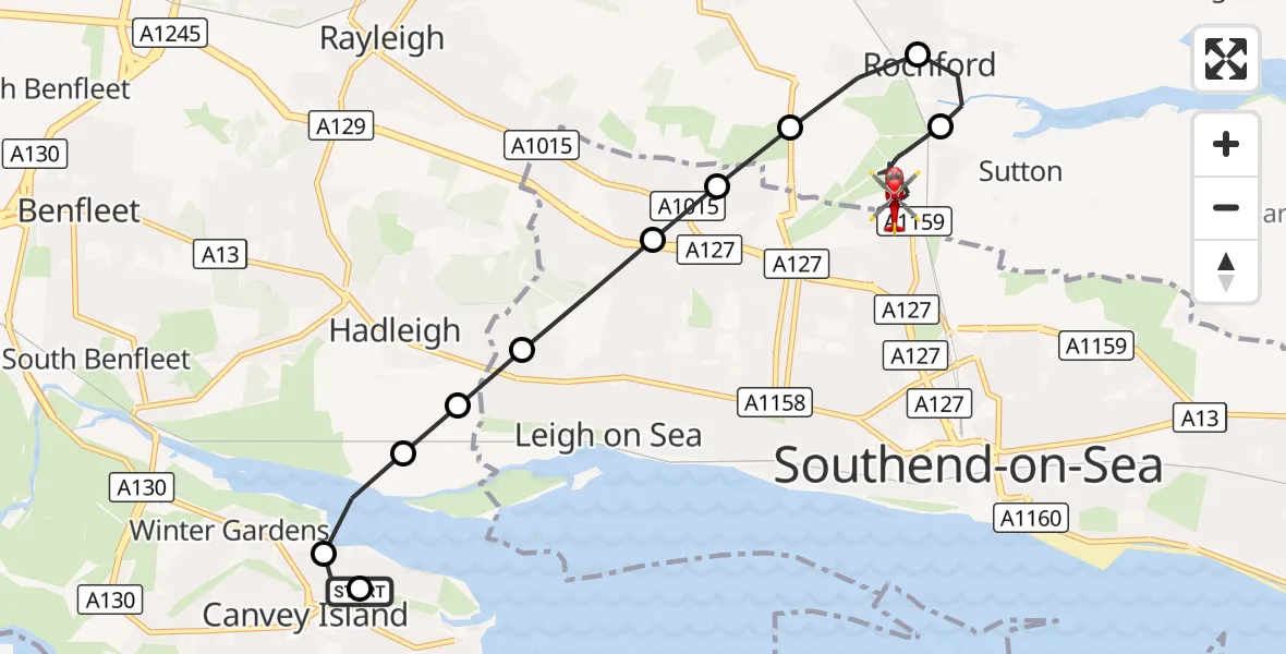 Flight route Air Ambulance Helicopter Canvey Island - London Southend Airport, 27 September 2026, 18:07