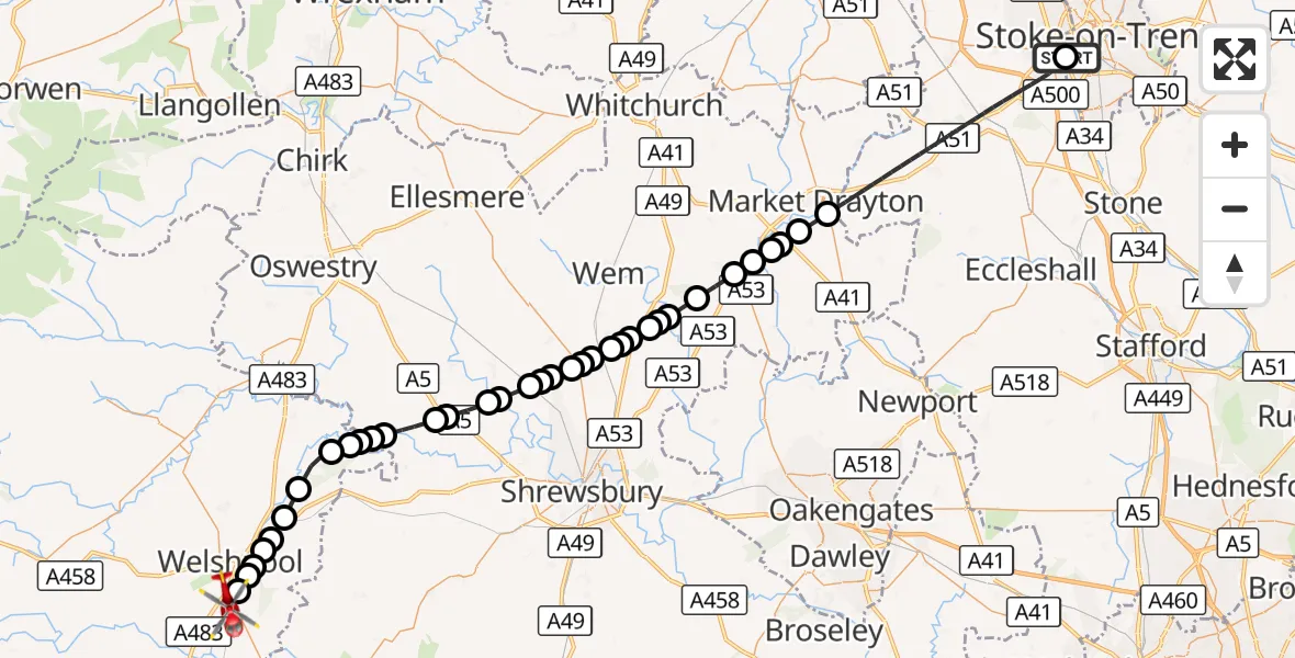 Flight route Air Ambulance Helicopter University Hospital North Staffs - Welshpool Airport, 27 September 2026, 18:14