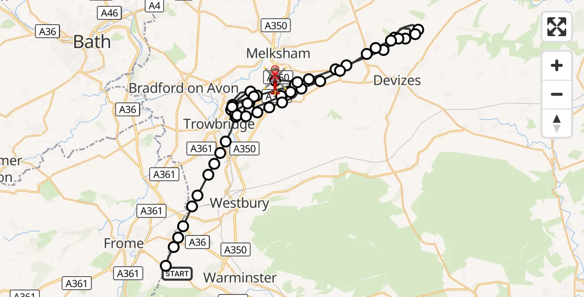 Flight route Air Ambulance Helicopter Corsley Heath - Wiltshire Air Ambulance, 27 September 2026, 19:07