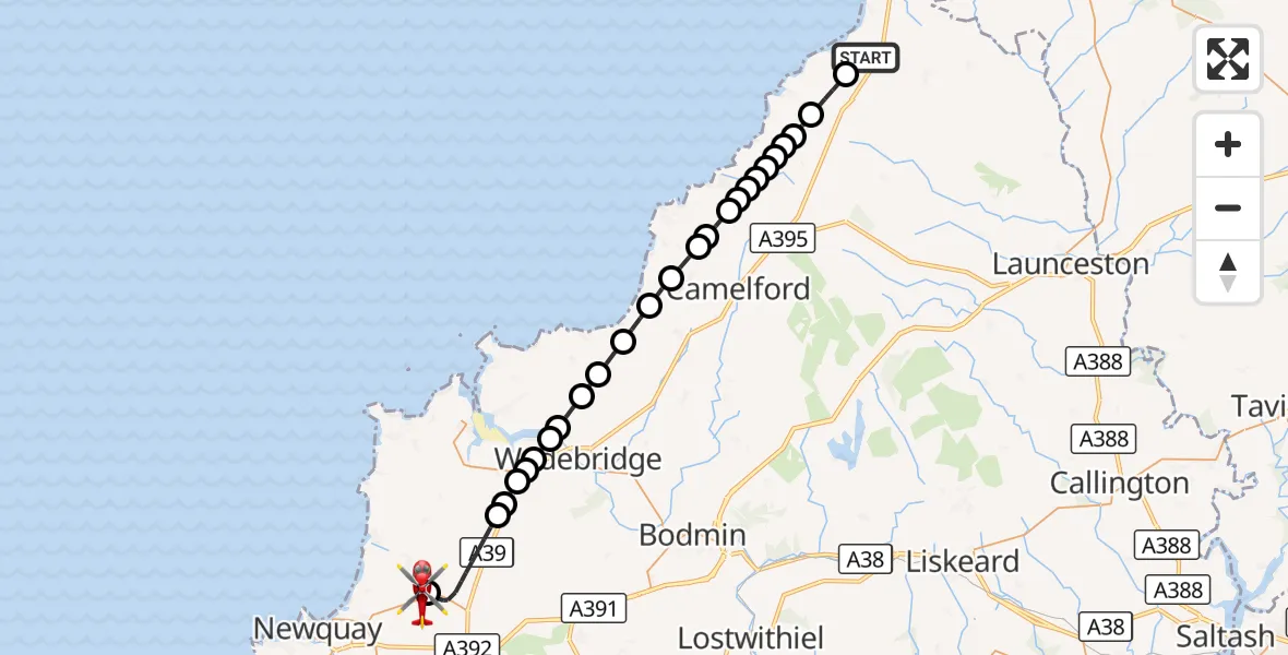 Flight route Air Ambulance Helicopter Poundstock - Cornwall Airport Newquay, 27 September 2026, 19:11