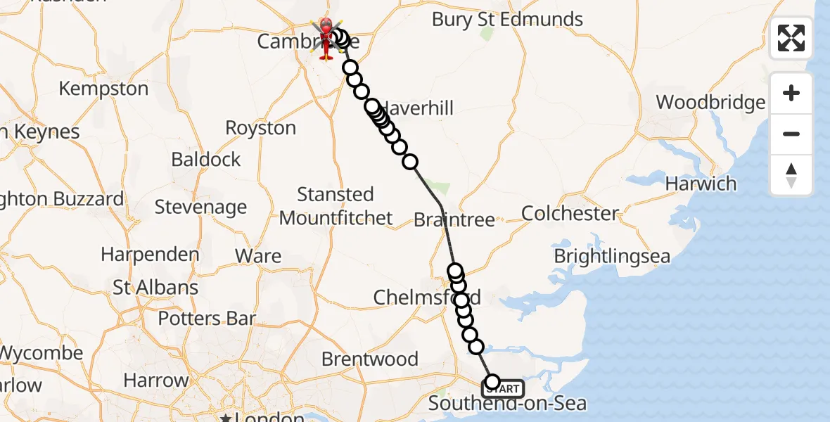 Flight route Air Ambulance Helicopter London Southend Airport - Cambridge City Airport, 27 September 2026, 19:18