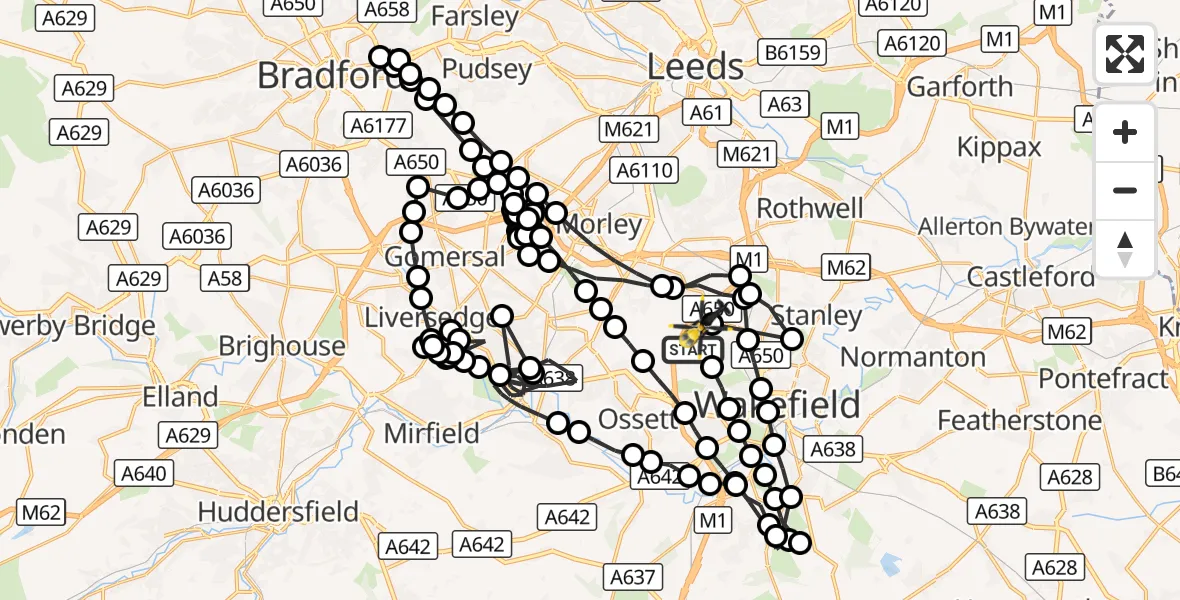 Flight route Police Helicopter Wrenthorpe - East Ardsley, 27 September 2026, 19:41