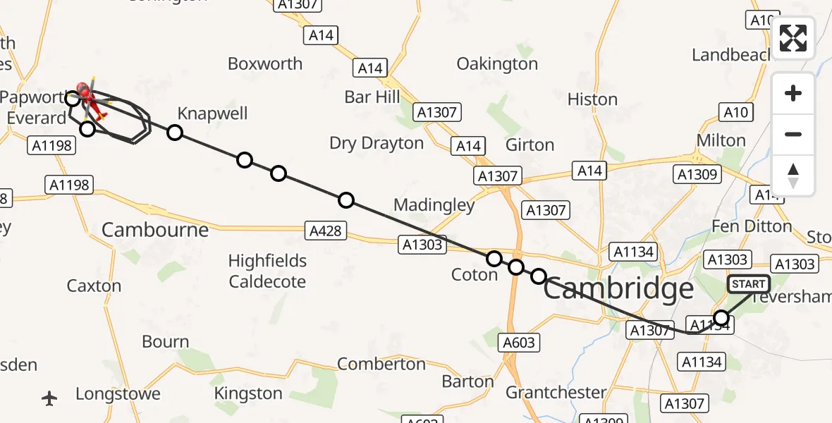 Flight route Air Ambulance Helicopter Cambridge City Airport - Elsworth, 27 September 2026, 20:05