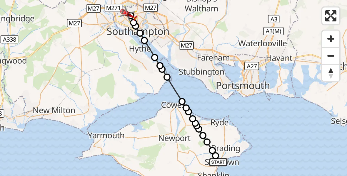Flight route Air Ambulance Helicopter Lake - University Hospital Southampton, 27 September 2026, 20:14