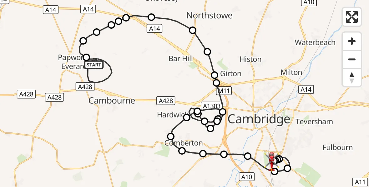 Flight route Air Ambulance Helicopter Elsworth - Papworth Hospital, 27 September 2026, 20:43