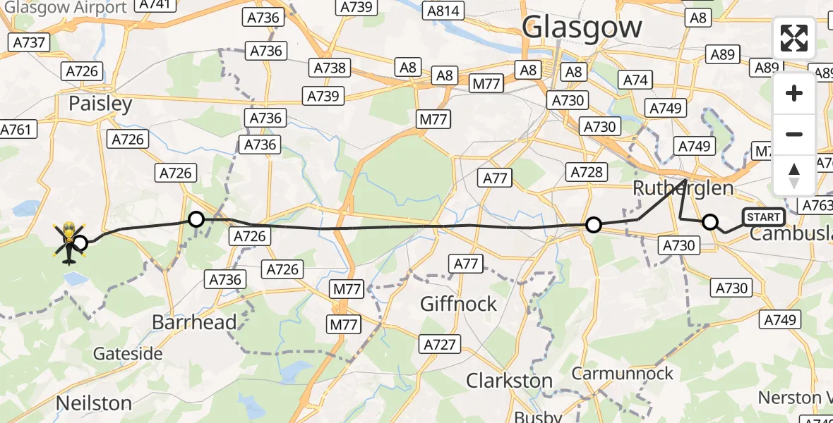 Flight route Police Helicopter Cambuslang - Glenburn, 27 September 2026, 20:45