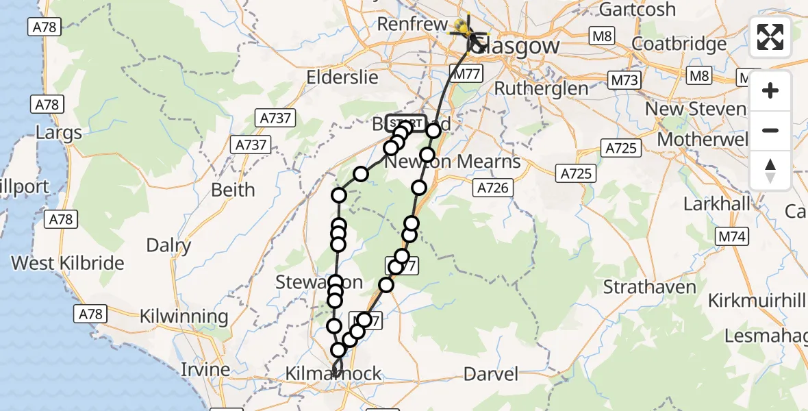 Flight route Police Helicopter Barrhead - Glasgow, 27 September 2026, 20:54