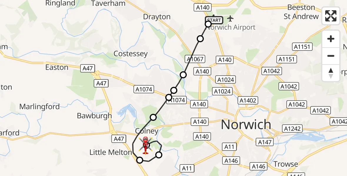 Flight route Air Ambulance Helicopter Norwich Airport - Norfolk & Norwich Hospital, 27 September 2026, 20:59