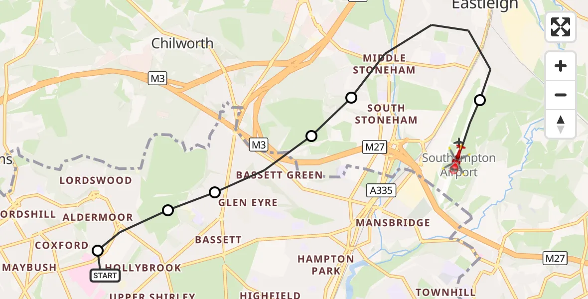 Flight route Air Ambulance Helicopter University Hospital Southampton - Southampton Airport, 27 September 2026, 21:00
