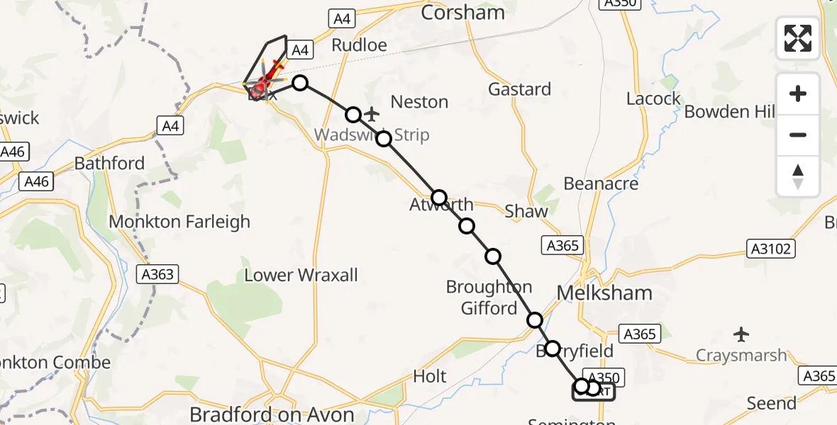 Flight route Air Ambulance Helicopter Wiltshire Air Ambulance - Box, 27 September 2026, 21:04