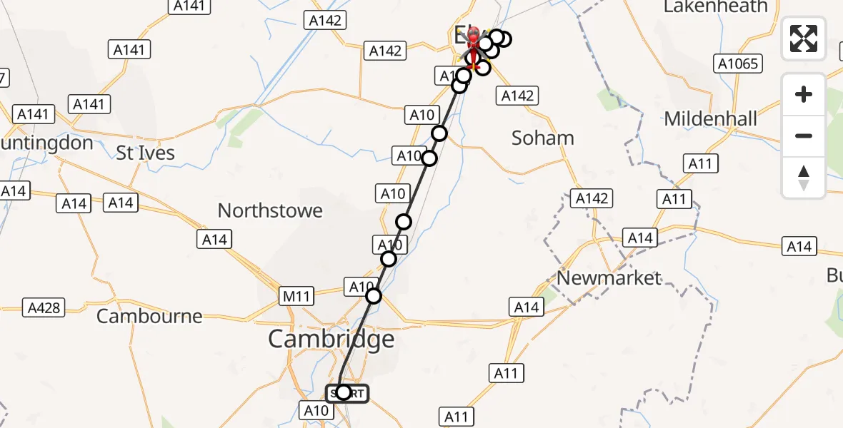 Flight route Air Ambulance Helicopter Papworth Hospital - Ely, 27 September 2026, 21:18