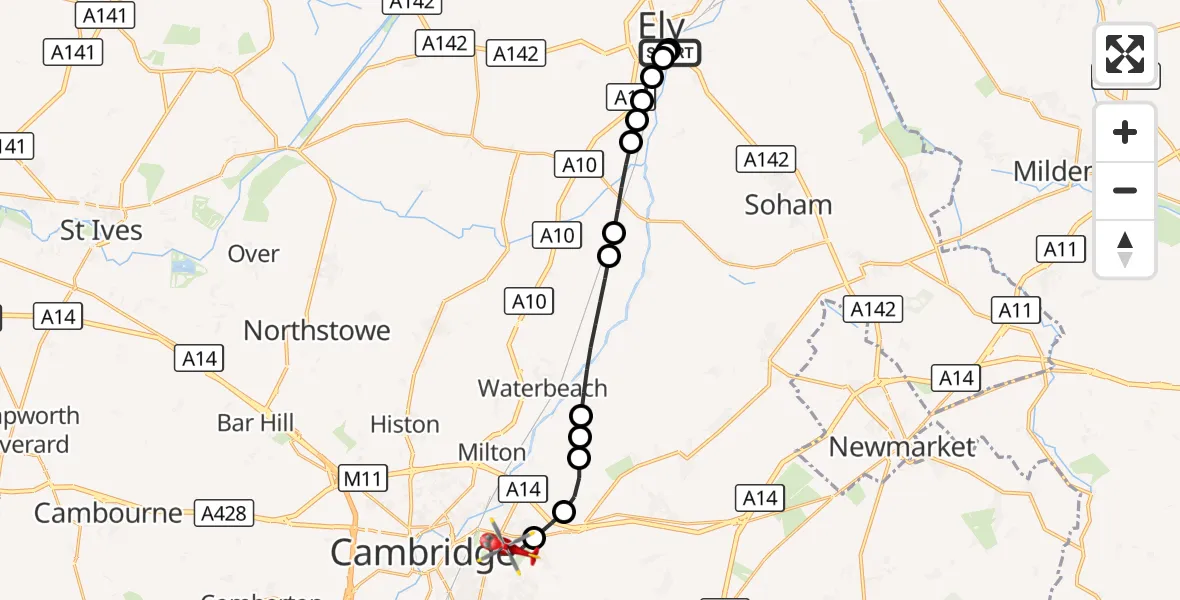 Flight route Air Ambulance Helicopter Stuntney - Cambridge City Airport, 27 September 2026, 21:35
