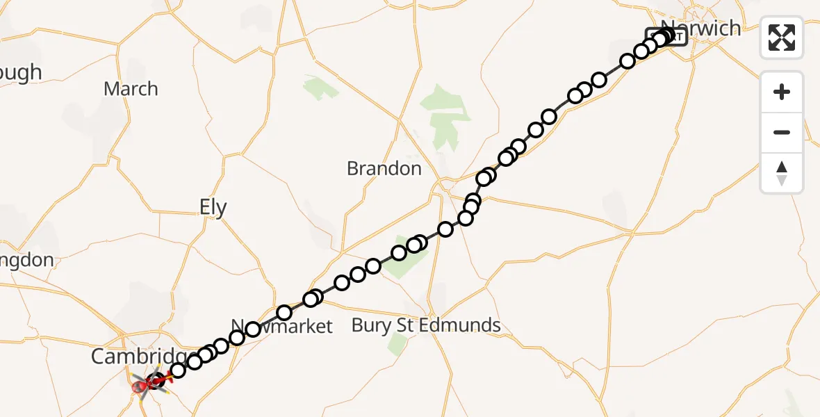 Flight route Air Ambulance Helicopter Norfolk & Norwich Hospital - Papworth Hospital, 27 September 2026, 21:44