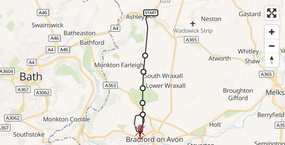 Flight route Air Ambulance Helicopter Box - Bradford-on-Avon, 27 September 2026, 23:03
