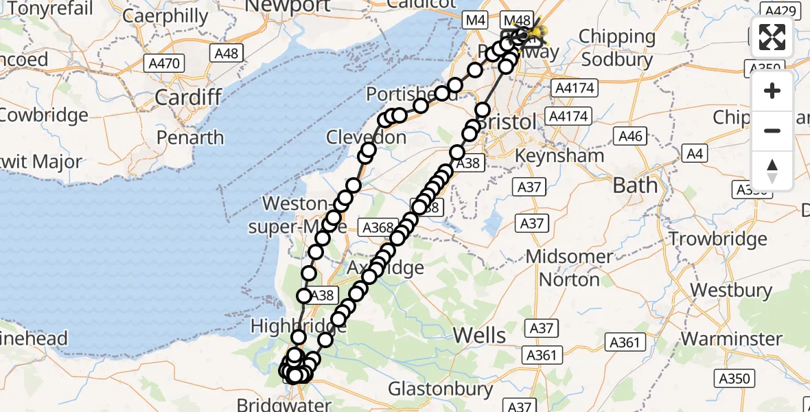 Flight route Police Helicopter Almondsbury - Almondsbury Helicopter Base, 27 September 2026, 23:29