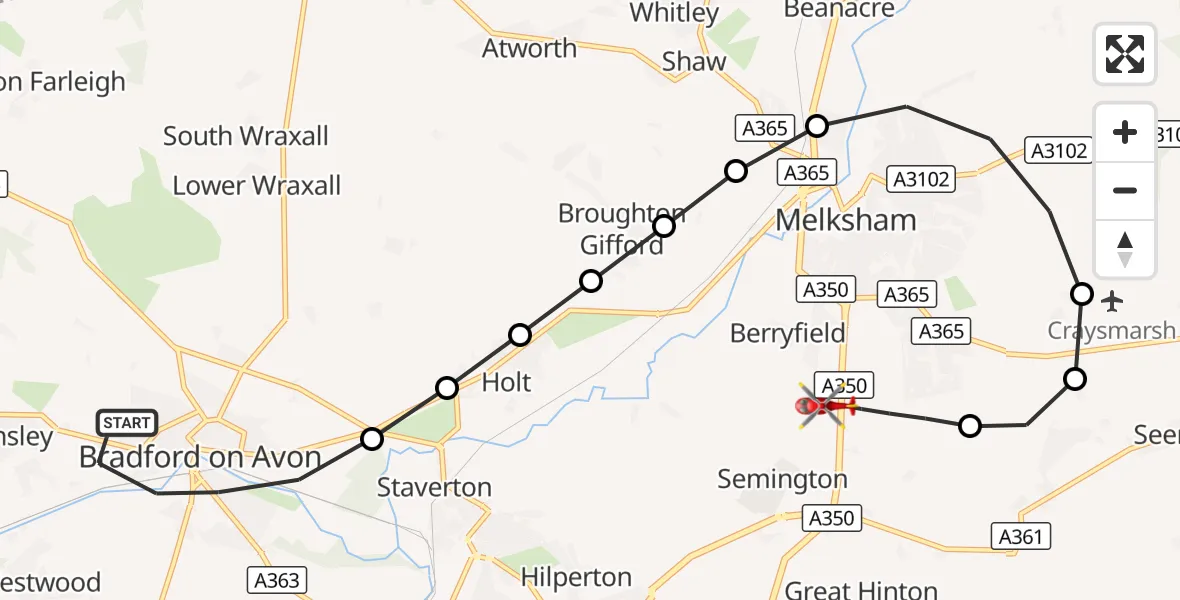 Flight route Air Ambulance Helicopter Bradford-on-Avon - Melksham, 27 September 2026, 23:39