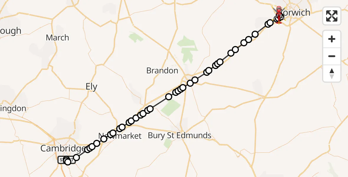 Flight route Air Ambulance Helicopter Papworth Hospital - Norfolk & Norwich Hospital, 28 September 2026, 00:32