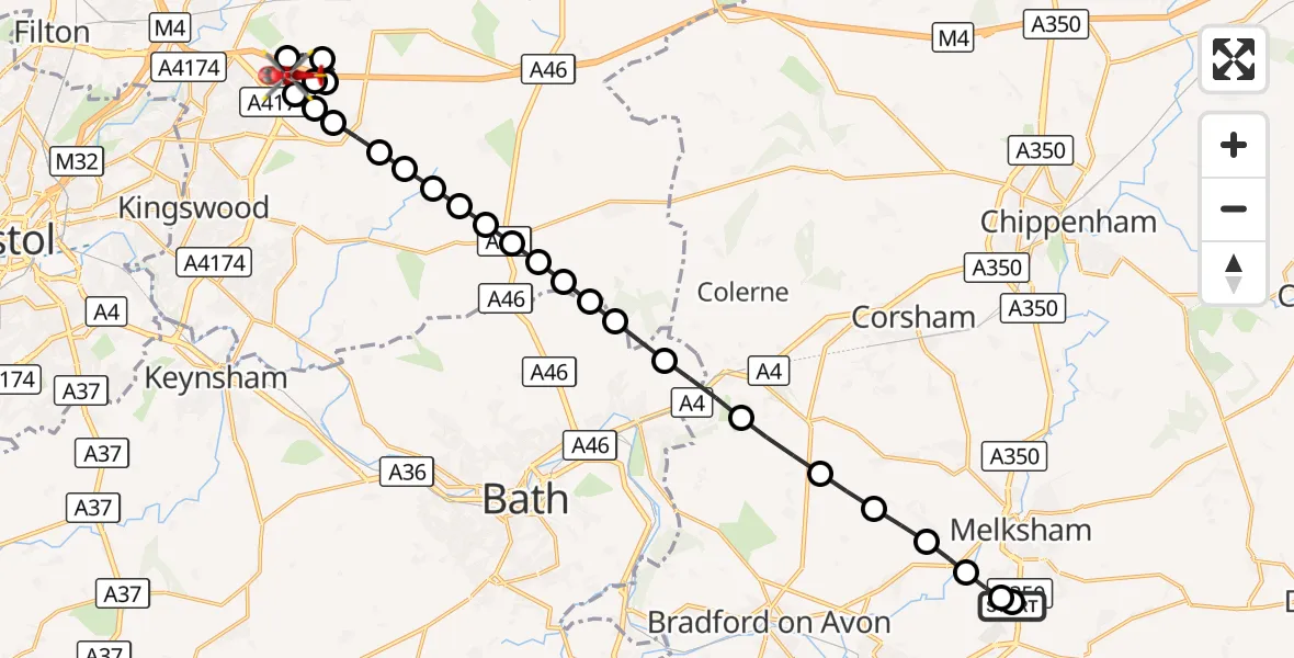 Flight route Air Ambulance Helicopter Wiltshire Air Ambulance - Lyde Green, 28 September 2026, 00:35