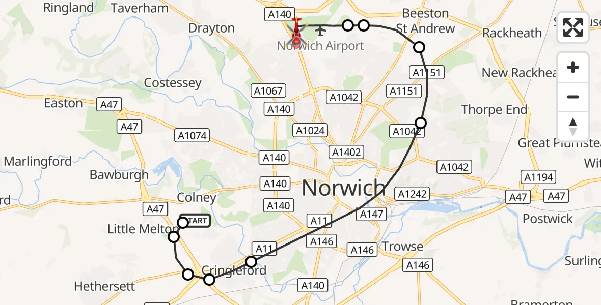 Flight route Air Ambulance Helicopter Norfolk & Norwich Hospital - Norwich Airport, 28 September 2026, 01:15