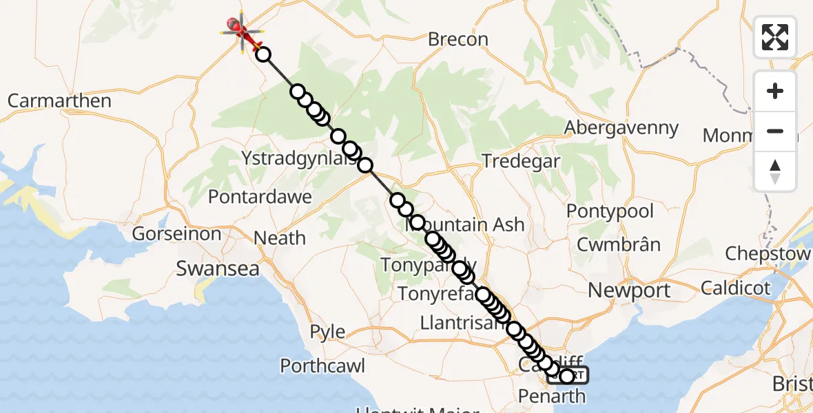 Flight route Air Ambulance Helicopter Cardiff Heliport - Llangadog, 28 September 2026, 02:18