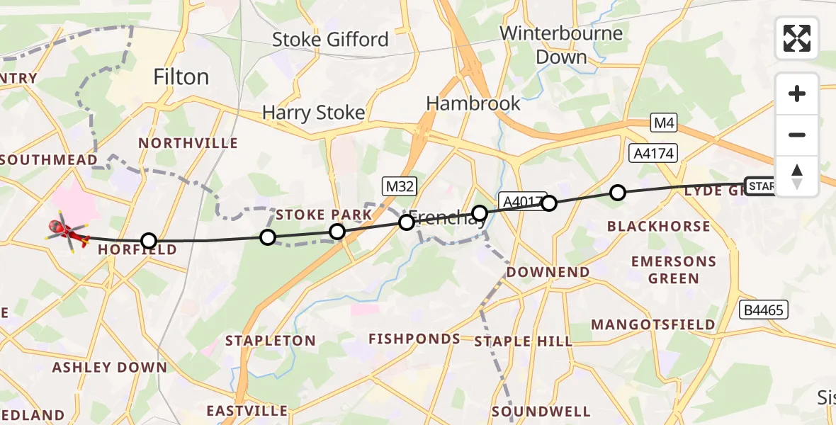 Flight route Air Ambulance Helicopter Lyde Green - Bristol, 28 September 2026, 02:33