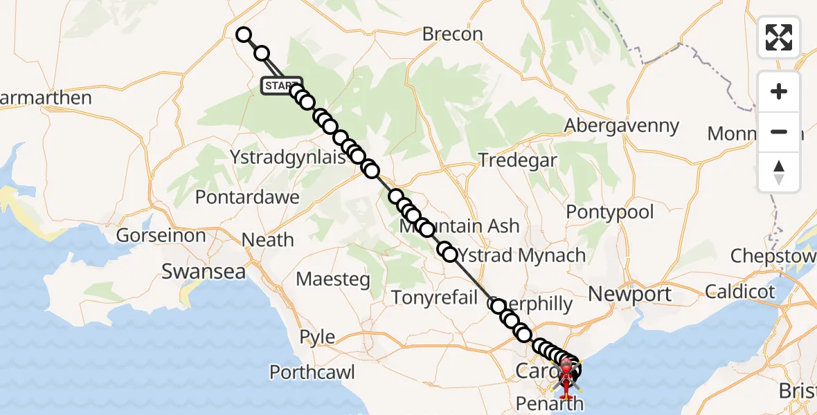 Flight route Air Ambulance Helicopter Llanddeusant - Cardiff Heliport, 28 September 2026, 03:23