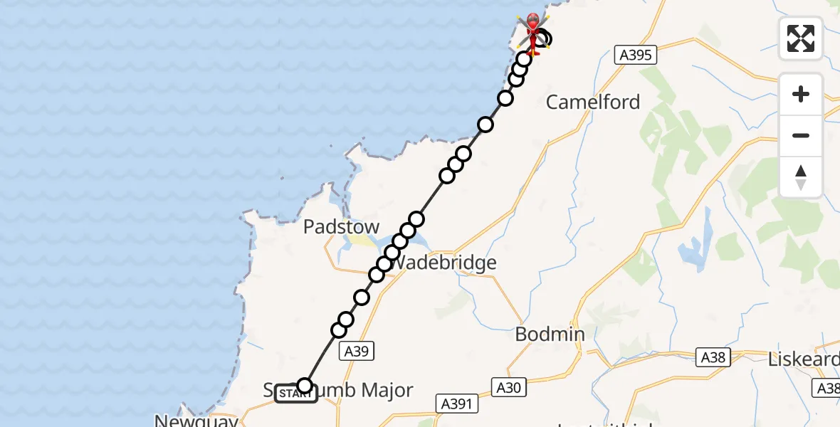Flight route Air Ambulance Helicopter Cornwall Airport Newquay - Tintagel, 28 September 2026, 06:42