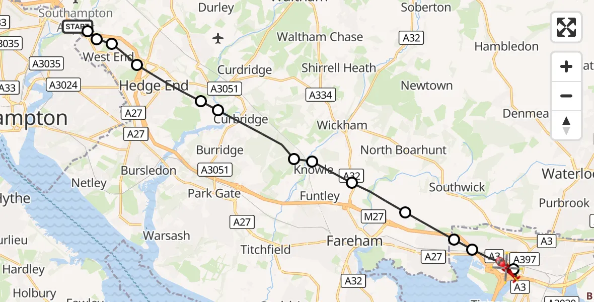Flight route Air Ambulance Helicopter Southampton Airport - Cosham, 28 September 2026, 07:11