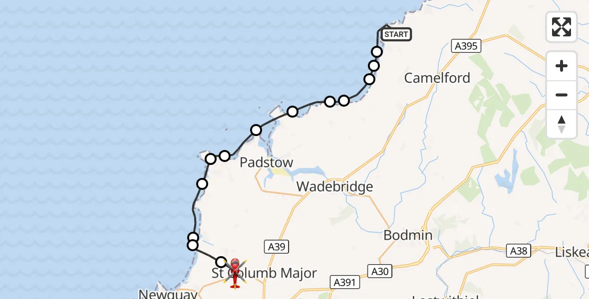 Flight route Air Ambulance Helicopter Tintagel - Cornwall Airport Newquay, 28 September 2026, 07:16