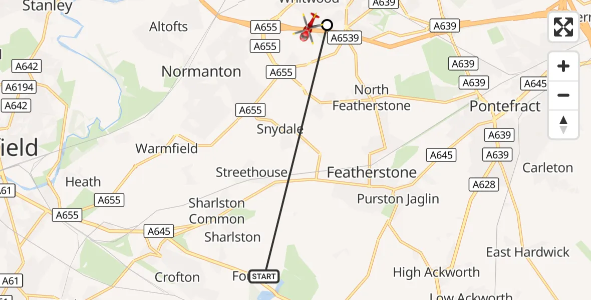 Flight route Air Ambulance Helicopter YAA Nostell Helicopter Port - Featherstone, 28 September 2026, 07:38