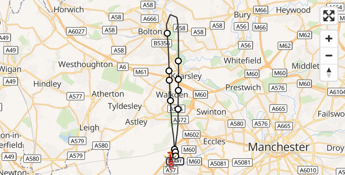 Flight route Air Ambulance Helicopter Manchester Barton Aerodrome - Irlam, 28 September 2026, 07:44