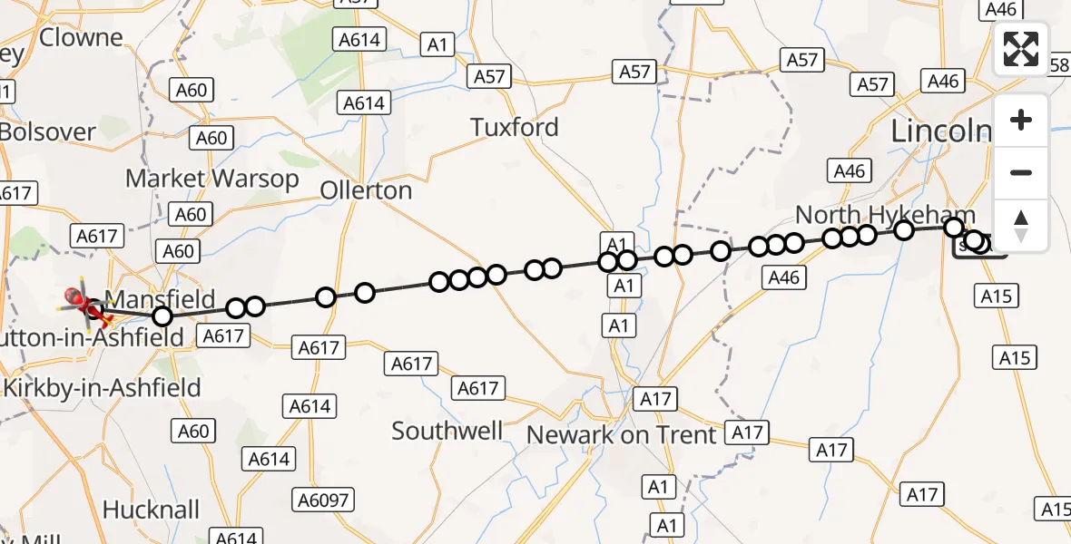 Flight route Air Ambulance Helicopter RAF Waddington - Sutton in Ashfield, 28 September 2026, 07:52