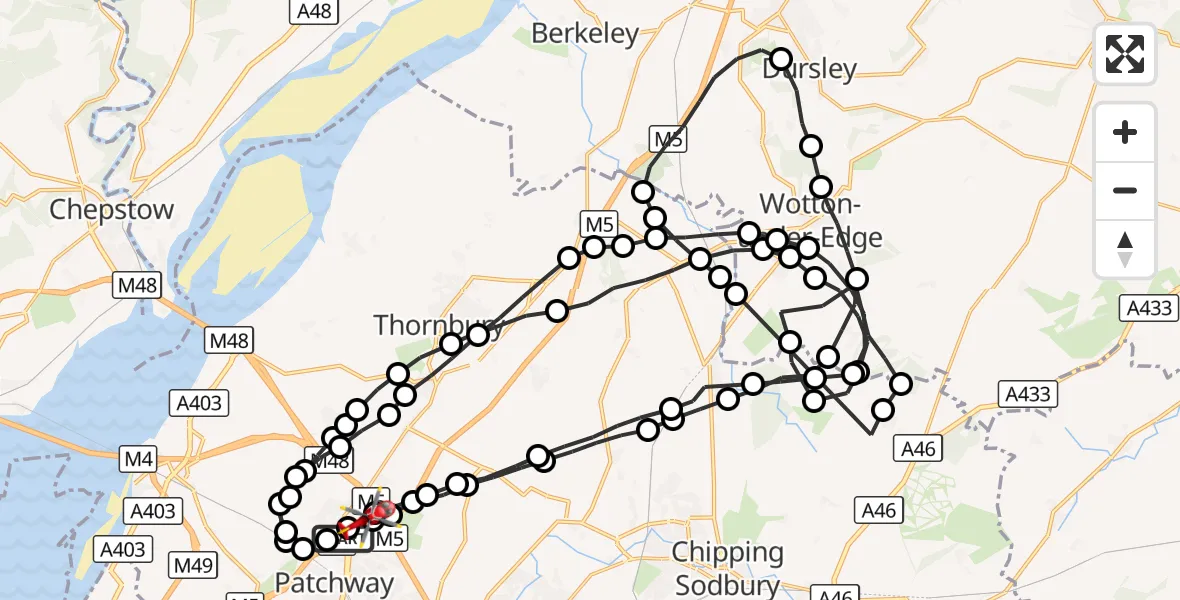 Flight route Air Ambulance Helicopter Patchway - Almondsbury Helicopter Base, 28 September 2026, 07:54
