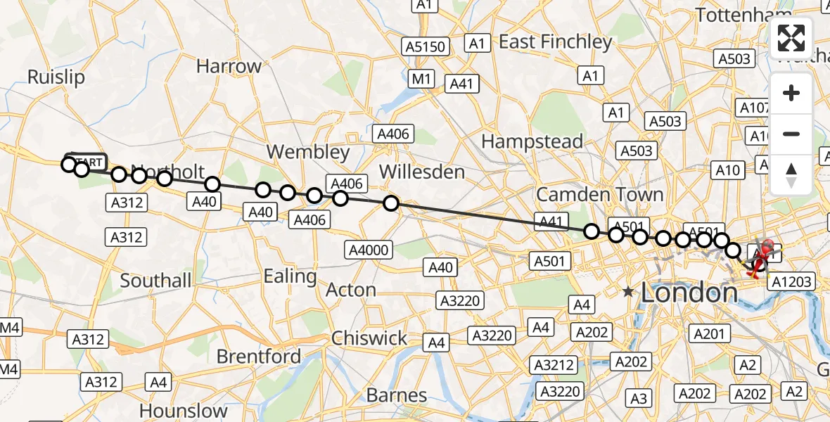 Flight route Air Ambulance Helicopter RAF Northolt - Royal London Hospital, 28 September 2026, 08:00