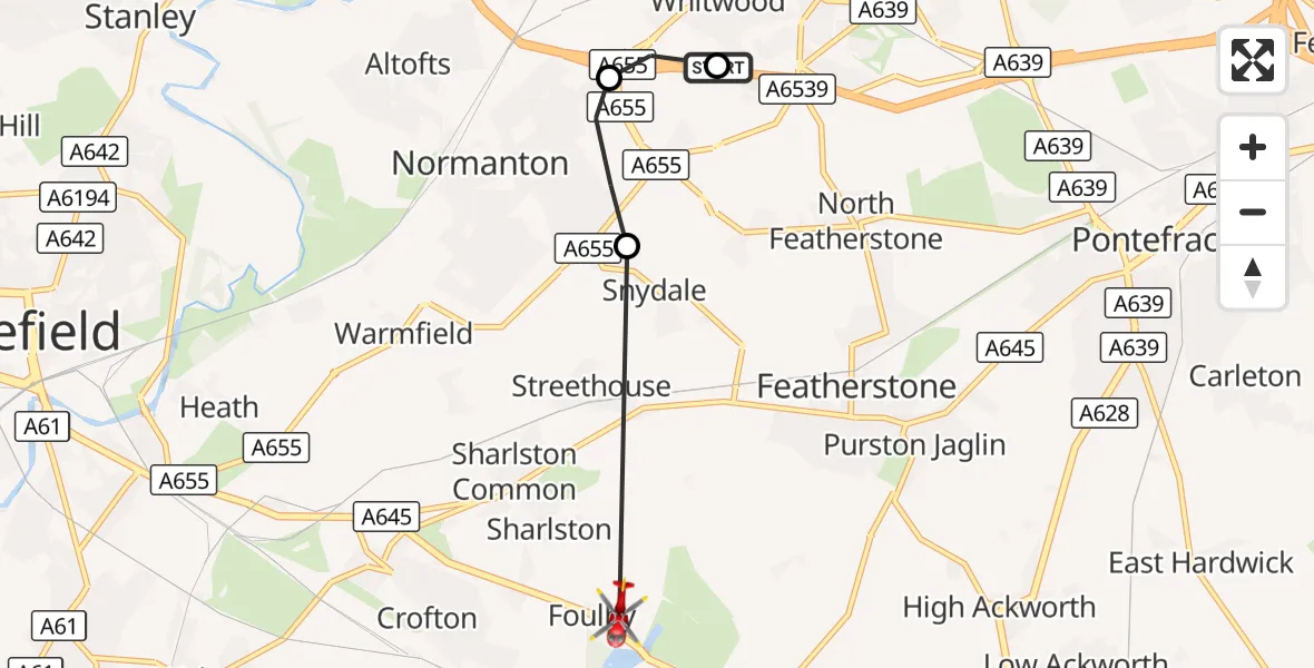 Flight route Air Ambulance Helicopter Whitwood - YAA Nostell Helicopter Port, 28 September 2026, 08:04
