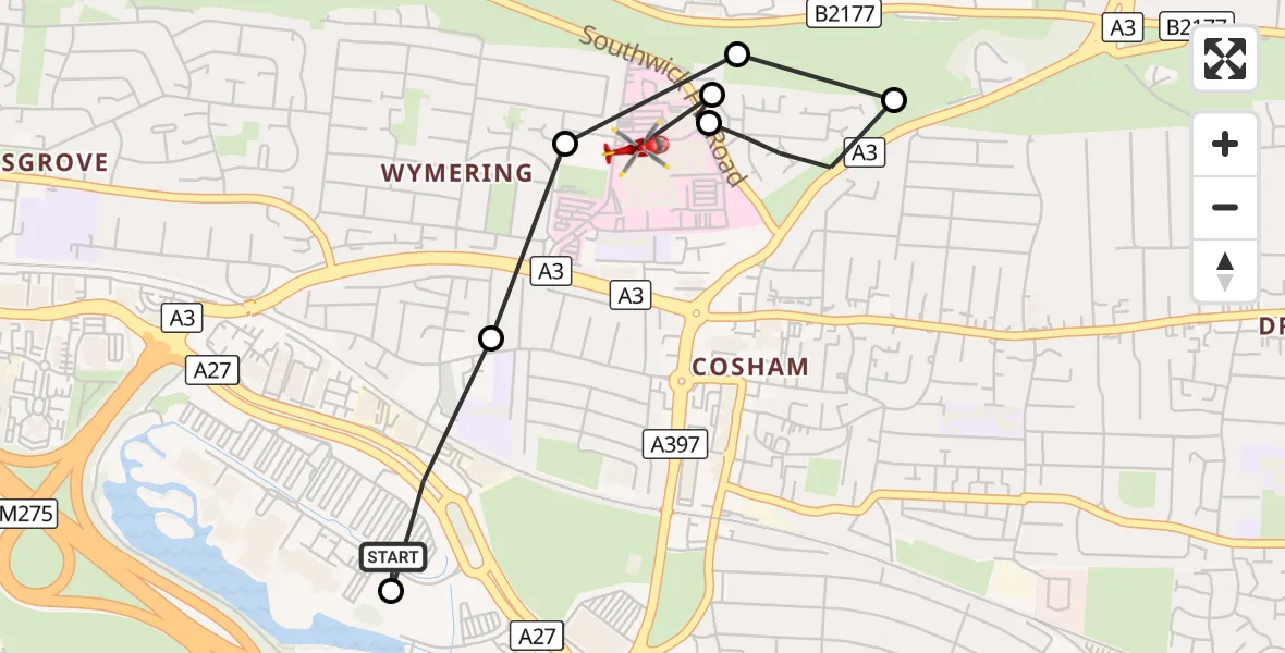 Flight route Air Ambulance Helicopter Wymering - Queen Alexandra Hospital, 28 September 2026, 08:12